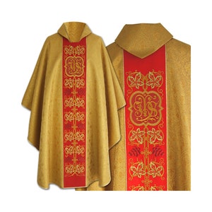 Gothic style Chasuble with a matching stole, whit IHS embiorder, Vestments for Priest, Catholic Vestments, Liturgical Chasuble.