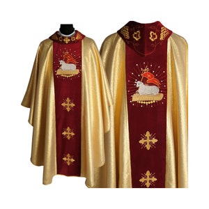 Chasuble &quot;Lamb of God&quot; Priest Vestment, Gold Chasuble, Vestments for Priest, Catholic Vestments, Liturgical Chasuble.