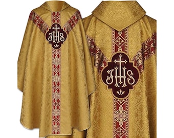 Vestments Gold IHS, Gold Chasuble, Vestments for Priest, Catholic Vestments, Liturgical Chasuble, Pastor Gift, Chasuble for Ordination.