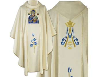 Vestments Marian &quot;Our Lady of Perpetual Help&quot; - Chasuble, Ecru Chasuble, Vestments for Priest, Catholic Vestments, Liturgical Chasuble.