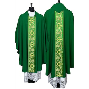 May include: Green liturgical vestment with a gold embroidered design. The vestment has a wide, vertical band down the front and back with a cross pattern.