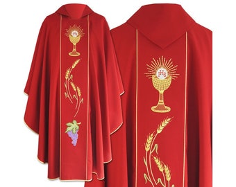 Red Gothic Chasuble with Stole, Metallic Cross Embroidery
