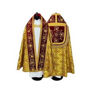 Roman style Cope with a stole, Gold Red Cope Chasuble, Vestments for Priest, Catholic Vestments, Liturgical Chasuble, Priest Gift Pastor