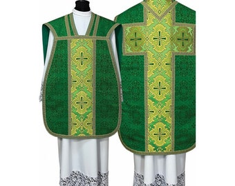 May include: Green liturgical vestment with a gold cross pattern. The vestment has a wide collar and a long, flowing back.