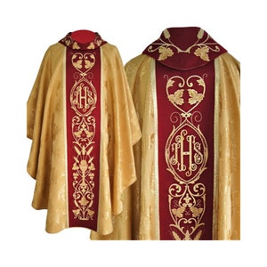 Gothic style Chasuble with a matching stole, whit IHS embiorder, Vestments for Priest, Catholic Vestments, Liturgical Chasuble.