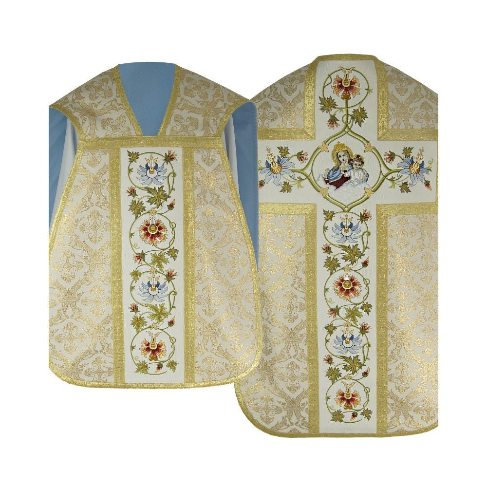 Roman Style Fiddleback Chasuble, Brocade Vestments With Maniple Roman Style Fiddleback Chasuble, Brocade Vestments With Maniple