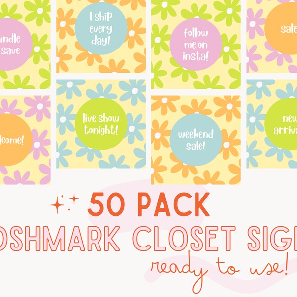 50 Poshmark Closet Signs - Colorful Flowers - Ready To Use - Ready To Post - Instant Download