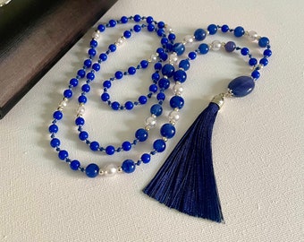 Royal Blue Bead Necklace for Women, Navy Blue Tassel Necklace for Everyday, Gift, Long Boho Necklace for Holiday, Sold in UK