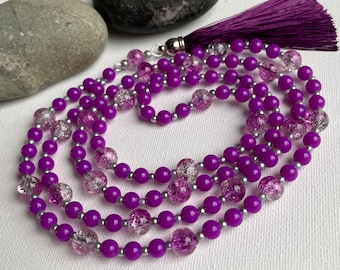 Long Purple Tasseled Necklace, Affordable Necklace for Women, Beaded Necklace for Halloween, Boho Durable Necklace