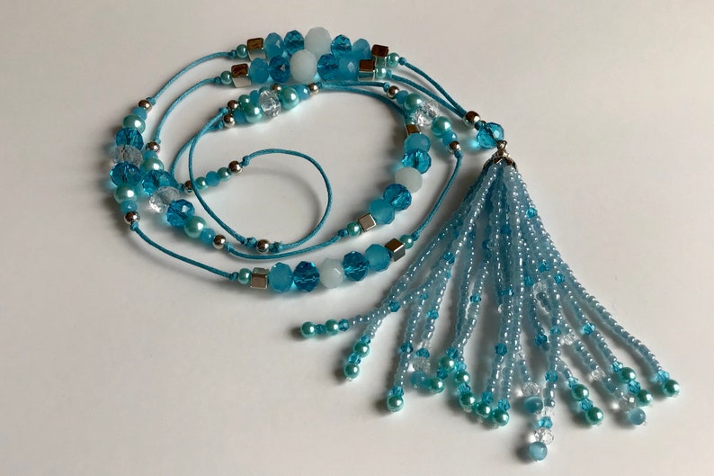 Gift Summer Necklace Sky Blue Tassel Necklace for Women Holiday Necklace Crystal Glass Necklace Beaded Necklace Unique Jewellery