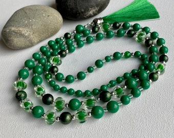 Green Bead Necklace with Green Tassel, Long Beaded Necklace, Boho Necklace for Women, Summer Holiday Necklace, Beach Jewellery, Gift