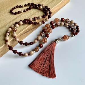 Beaded Tassel Necklace: Reddish Brown Bohemian Handmade Jewelry