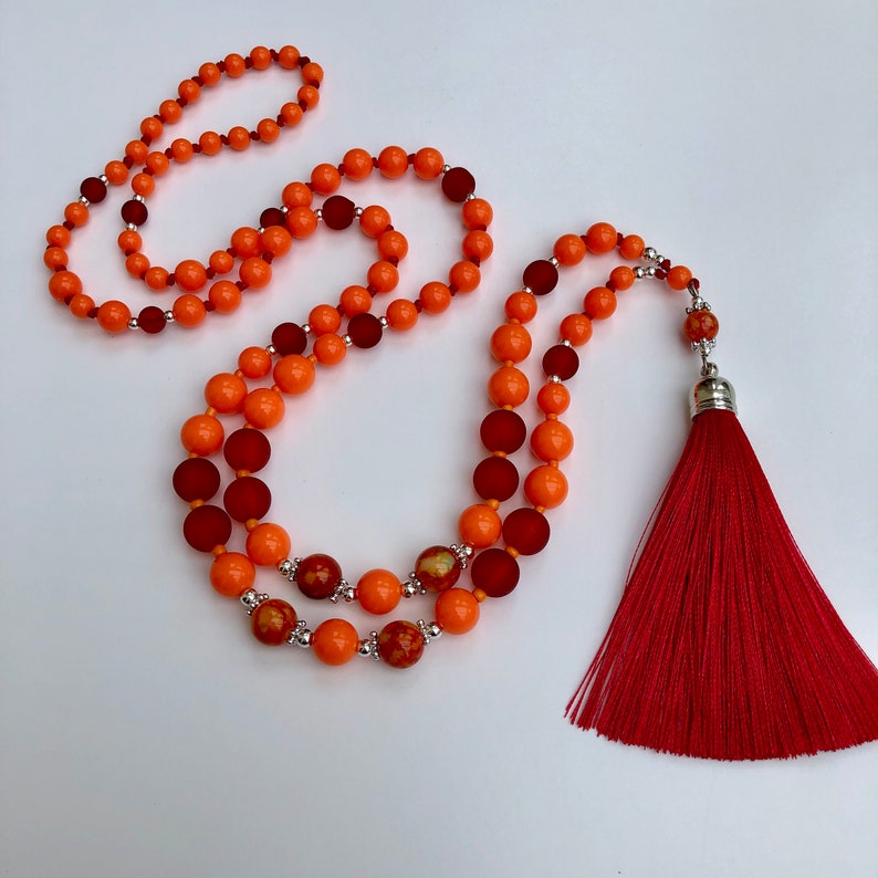 Orange Necklace with Wine Red Tassel, Long Beaded Necklace, Boho Necklace for Women, Birthday Gift Jewellery, Handmade Red Orange Necklace image 3