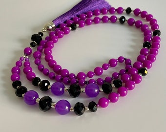 Purple Tasseled Necklace, Long Purple Bead Women Necklace, Boho Jewellery for Holiday, Handmade Necklace, Gift for Women