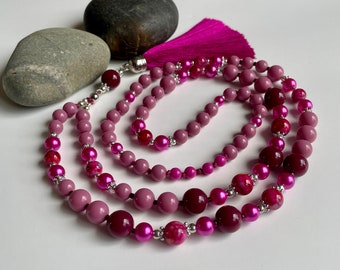 Magenta Tassel Necklace, Beaded Fuchsia Pink Necklace, Rose Jewellery, Handmade Gift for Women, Hippie Necklace, B Day Holiday Necklace,