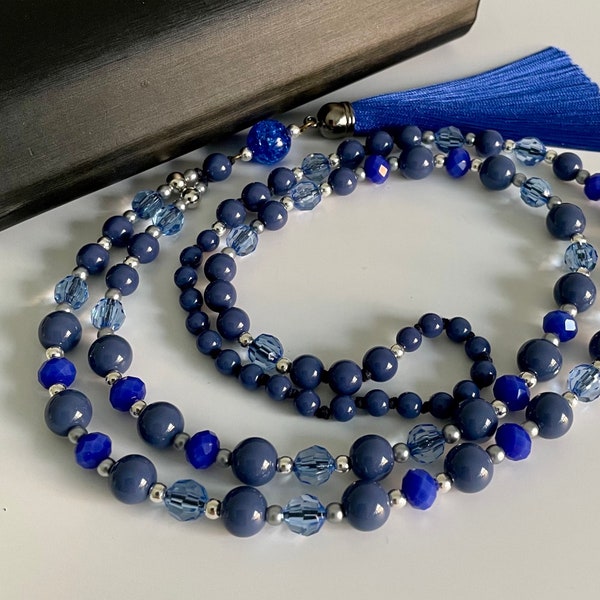 Collana di perline blu scuro e nappa, collana lunga per donne, collana blu, gioielli di Natale, collana festiva, regalo di compleanno per donne