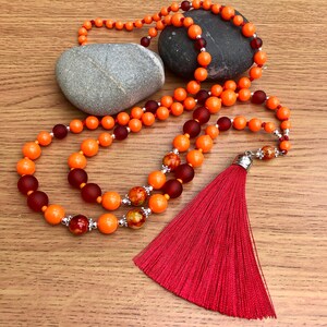 Orange Necklace with Wine Red Tassel, Long Beaded Necklace, Boho Necklace for Women, Birthday Gift Jewellery, Handmade Red Orange Necklace image 1