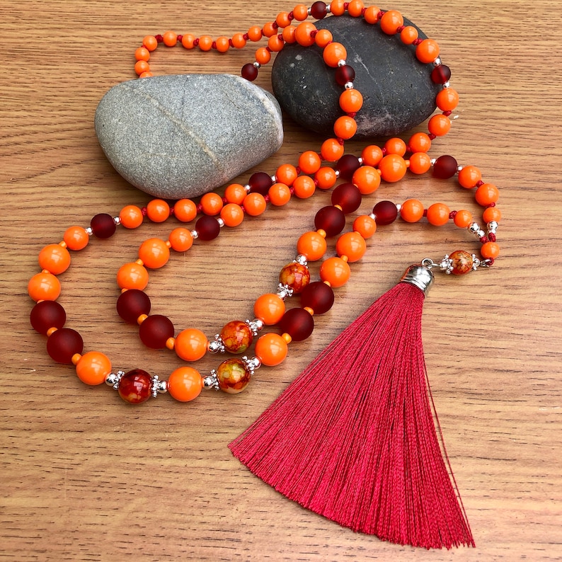 Orange Necklace with Wine Red Tassel, Long Beaded Necklace, Boho Necklace for Women, Birthday Gift Jewellery, Handmade Red Orange Necklace image 1