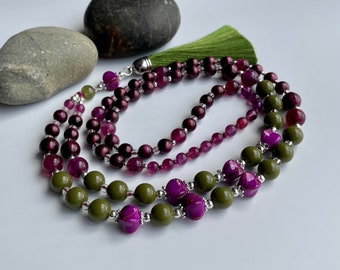 Purple Plum Necklace for Women with Green Tassel, Long Bead Boho Jewellery, Autumn Everyday Necklace, Gift for Girlfriend