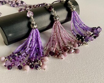 Purple Crystal Glass Necklace With Tassel, Seed Bead Necklace for Women, Favourite Necklace, Sparkly Necklace, Christmas Necklace, Gif