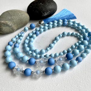 Blue Beaded Tassel Necklace: Summery Floral Boho Style