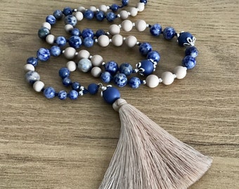 Blue Dots Sodalite and Beige Tassel Necklace, Birthstone Necklace, Boho Jewellery, Made for Women