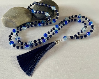 Contrasted Necklace, Two Tone Necklace, Navy Blue Necklace, Blue White Necklace with Tassel, Pearl Added Necklace, Petite Necklace for Women