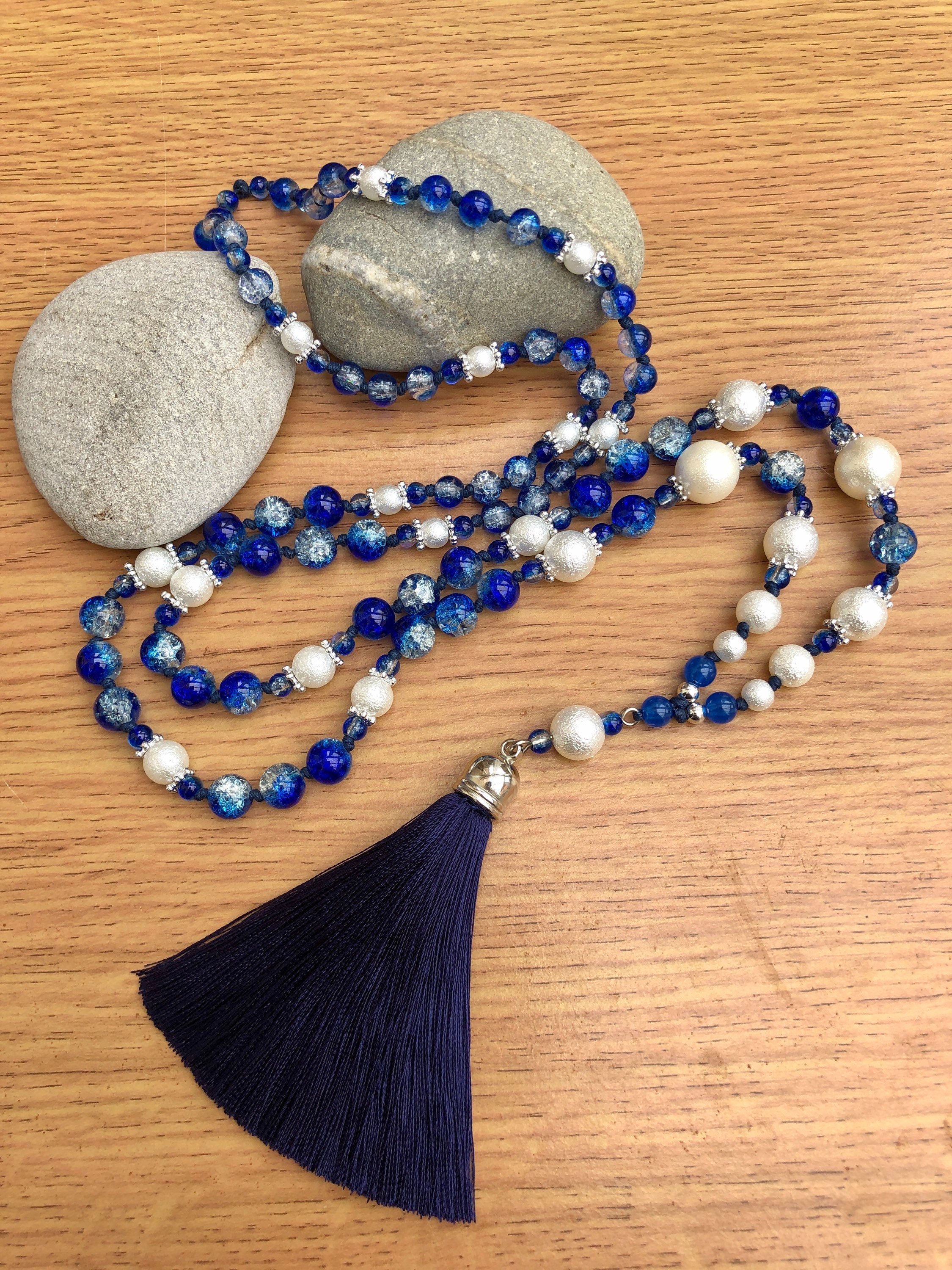 Dark Blue & White Beaded Necklace with Tassel Long Necklace | Etsy