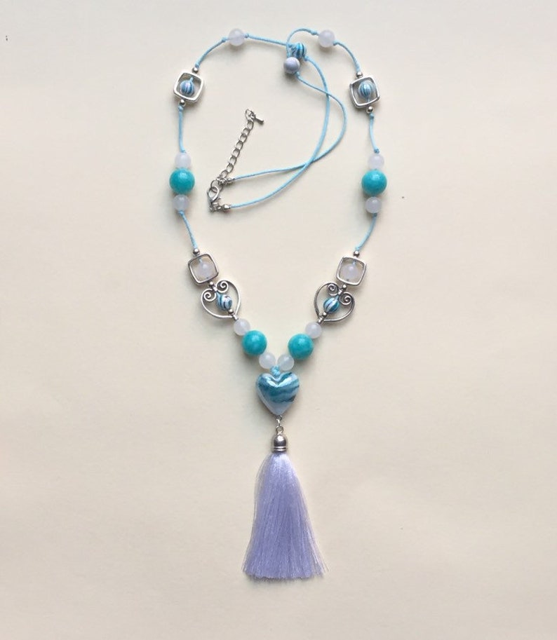 Jade Stone Ocean Colour Necklace With Tassel