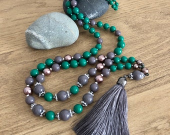 Green & Grey Necklace with Tassel, Long Lasting Necklace for Women, Beaded Boho Necklace for Everyday, Holiday Season Necklace for Everyday