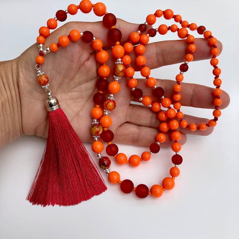 Orange Necklace with Wine Red Tassel, Long Beaded Necklace, Boho Necklace for Women, Birthday Gift Jewellery, Handmade Red Orange Necklace image 7