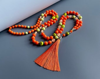 Orange Necklace with Tassel, Orange and Yellow Bead Long Necklace, Boho Style Summer Holiday Beach Jewellery, Gift for Women
