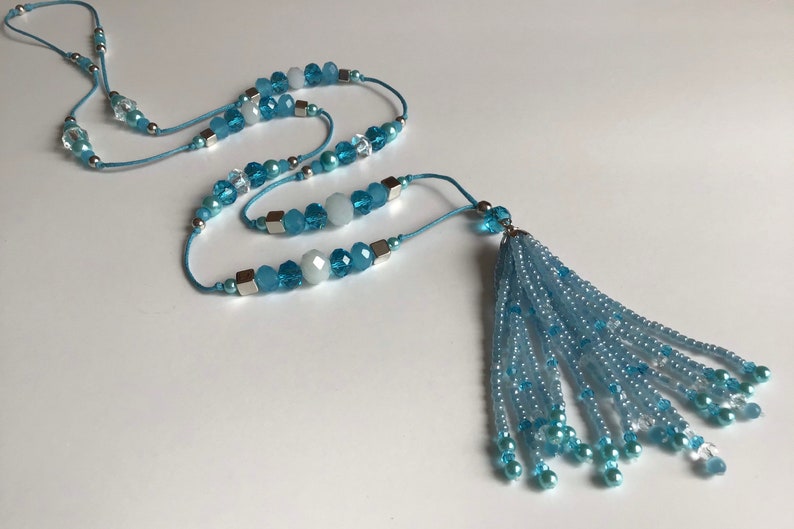 Gift Summer Necklace Sky Blue Tassel Necklace for Women Holiday Necklace Crystal Glass Necklace Beaded Necklace Unique Jewellery