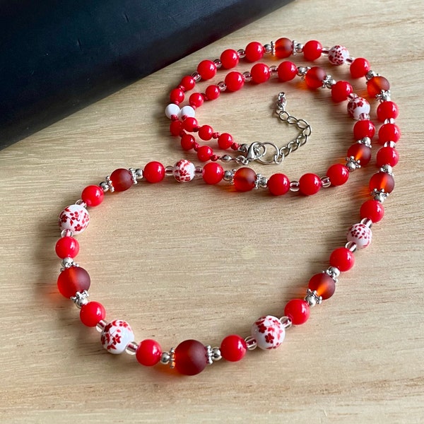 Beaded Red Necklace with Ceramic Floral Beads, Flower Necklace for Women, Summer Birthday Holiday Necklace, Gift, Red Jewellery