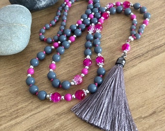 Grey and Fuchsia Pink Beaded Necklace, Long Necklace for Women, Tassel Jewellery, Grey Necklace, Holiday Necklace Gift