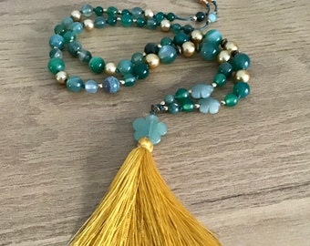 Green Amazonite and Agate Necklace with Mustard Tassel, Floral Charm and Tassel Necklace, Floral Gemstone Necklace, Bohemian Beaded Necklace