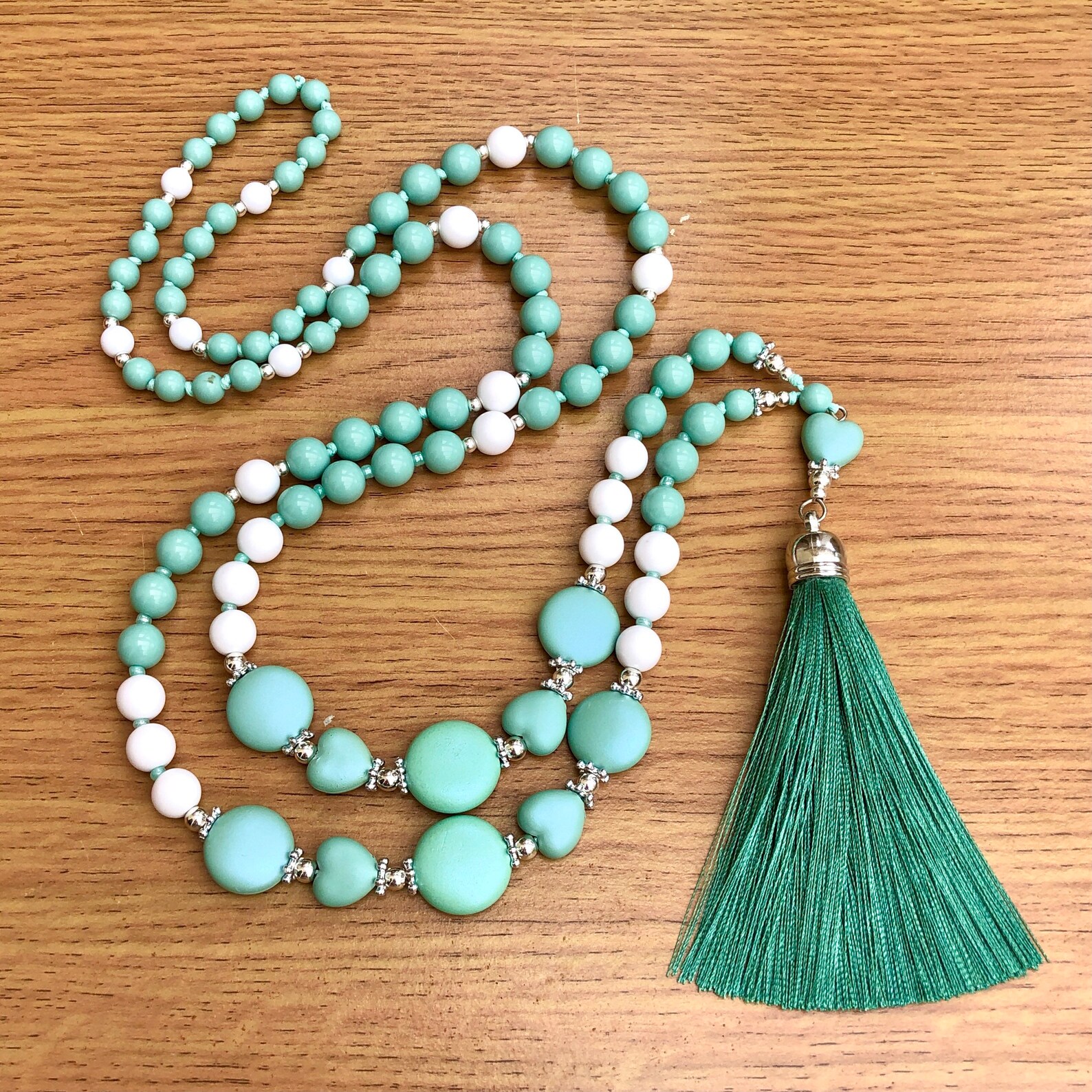 Fresh Mint Green Necklace Green & White Long Beaded Bohemian Etsy UK
