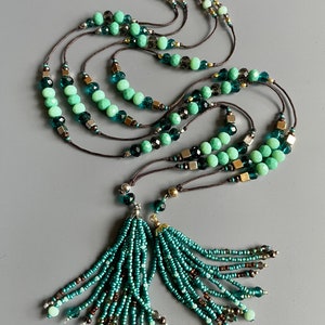 Aquamarine Green Necklace with Seed Bead Tassel, Beaded Long Necklace for Women, Girlfriend, Holiday, Anniversary, Christmas Necklace