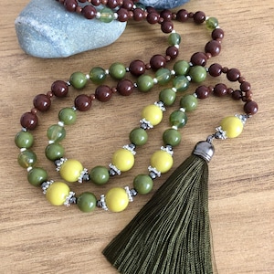 Long Beaded Tassel Necklace: Brown & Moss Green Boho Style