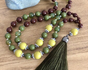 Brown Necklace with Moss Green Tassel, Long Beaded Boho Women Necklace for Everyday, New for Spring, Birthday Gift for Women, Mothers Day,