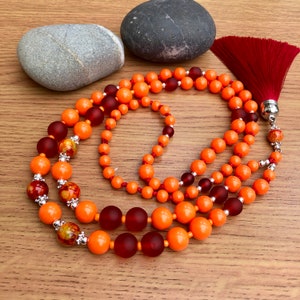 Orange Necklace with Wine Red Tassel, Long Beaded Necklace, Boho Necklace for Women, Birthday Gift Jewellery, Handmade Red Orange Necklace image 5