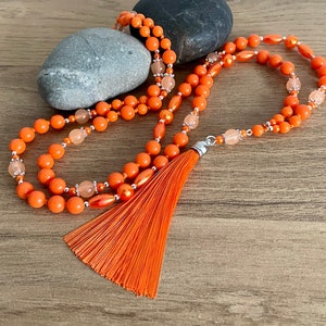 Orange Beaded Necklace with Tassel, Long Necklace for Women, Boho Necklace, Summer Holiday Beach Necklace, Gift