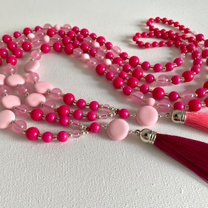 Pink Dream Tassel Necklace for Women, Long Beaded Boho Necklace, Summer Holiday Beach Necklace, Fuchsia Pink Tassel Necklace Sold UK