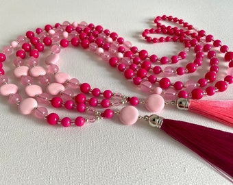 Pink Dream Tassel Necklace for Women 2, Long Beaded Boho Necklace, Summer Holiday Beach Necklace, Fuchsia Pink Tassel Necklace Sold UK