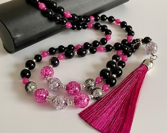 Pink Fuchsia Tassel Necklace for Everyday, Handmade Boho Long Necklace for Women, Costume Jewellery, Gift