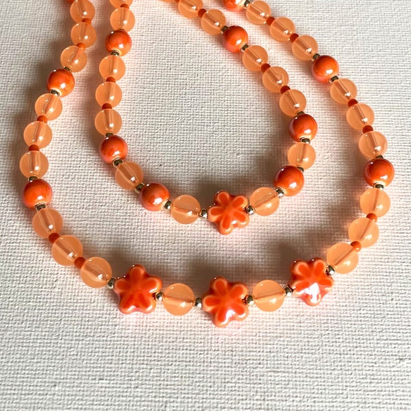 Orange Flower Necklace With A Touch Of Elegance, Handbeaded Dainty Petite Women Necklace