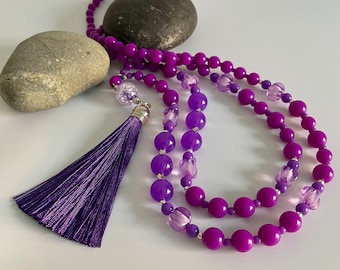 Pure Purple Tasseled Necklace, Long Beadded Women Accessory, Boho Holiday Jewellery, Handmade Gift for Girlfriend