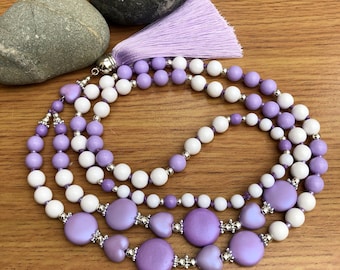 Bright Lilac Necklace, Lilac & White Long Beaded Bohemian Necklace for Women, Summer Holiday Beach Necklace, Purple Tassel Necklace GB