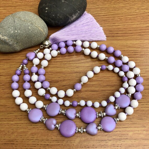Bright Lilac Necklace Lilac White Long Beaded Bohemian Necklace