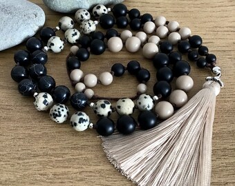 Dalmatian Jasper and Black Turquoise Boho Necklace, Beaded with Tassel Jewellery, Accessory for Women, Birthstone Gift for Women